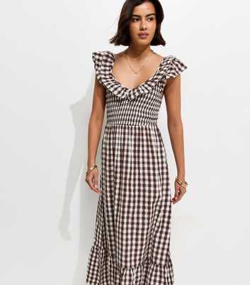 Brown Cotton Gingham Ruffled Neck Midi Dress