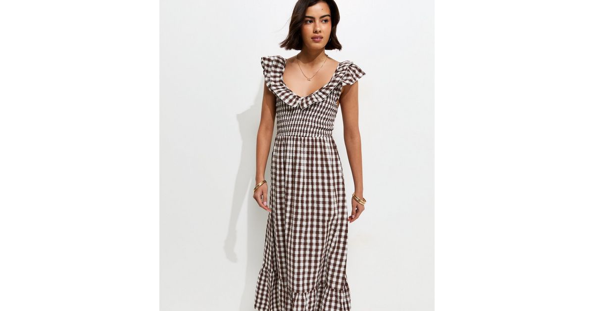 Brown Cotton Gingham Ruffled Neck Midi Dress | New Look