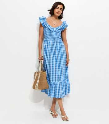 Blue Cotton Gingham Ruffled Neck Midi Dress