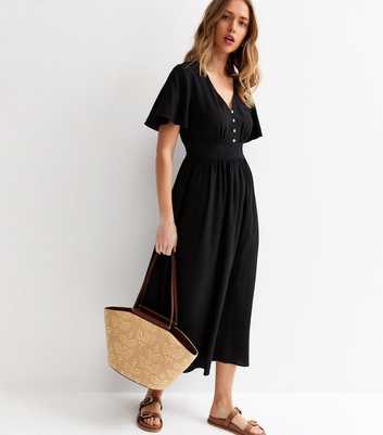 Black Frill Sleeve V Neck Midi Dress