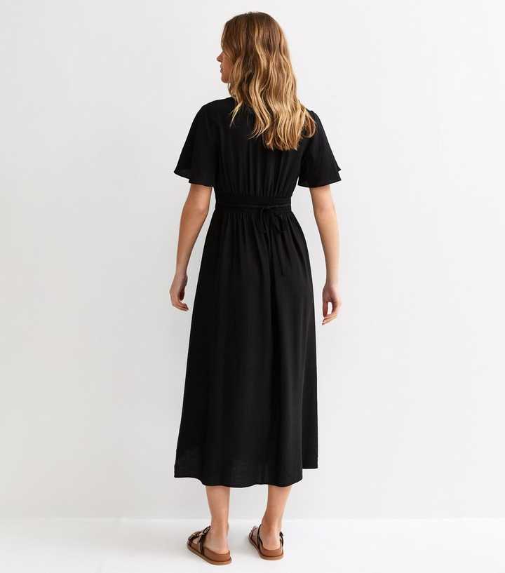 Black Frill Sleeve V Neck Midi Dress | New Look