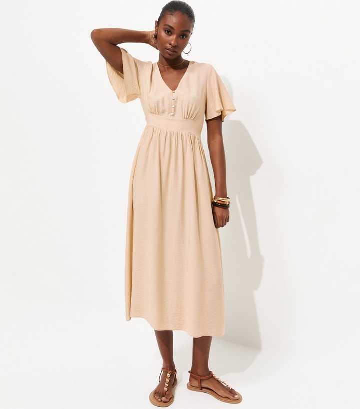 Cream Frill Sleeve V Neck Midi Dress