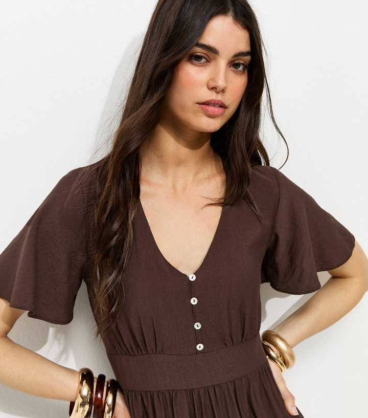 Brown Frill Sleeve V Neck Midi Dress | New Look