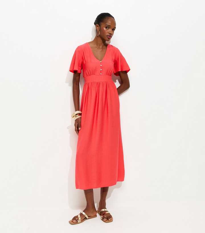 knee length dresses for ladies Sathya Midi Dress in Red Fontainhas Floral Coral