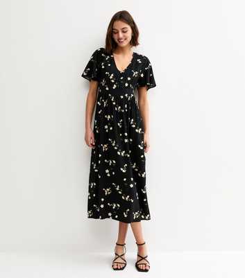 Black Floral Flutter Sleeve Midi Dress