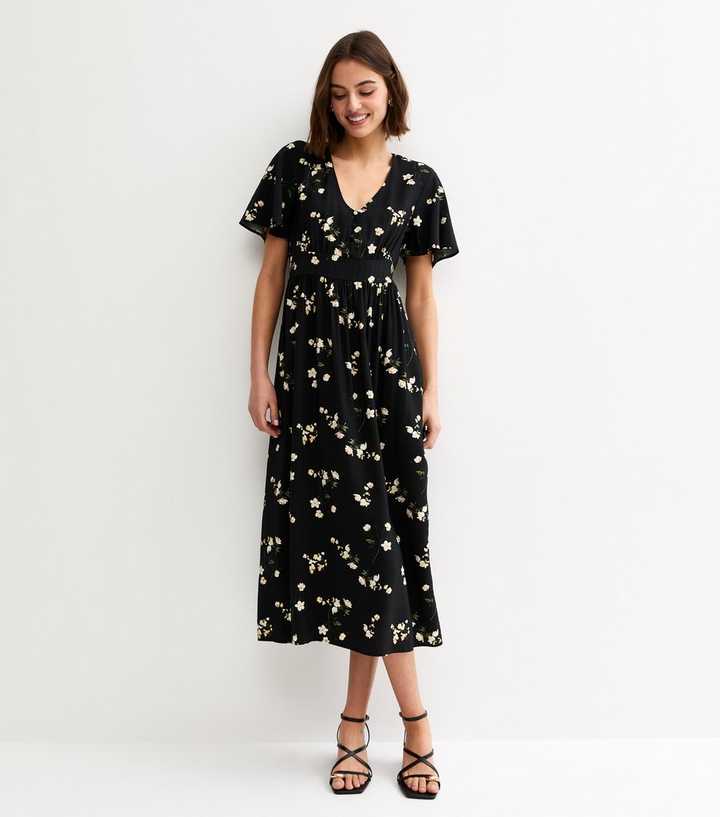 Black Floral Flutter Sleeve Midi Dress