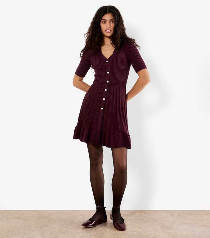 Apricot Burgundy Ribbed Fit and Flare Mini Dress