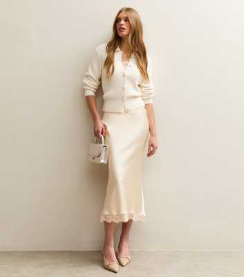 Cream Lace Trim Midi Satin Skirt