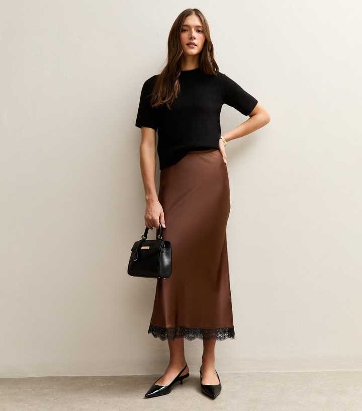 Dark Brown Lace Trim Midi Satin Skirt
