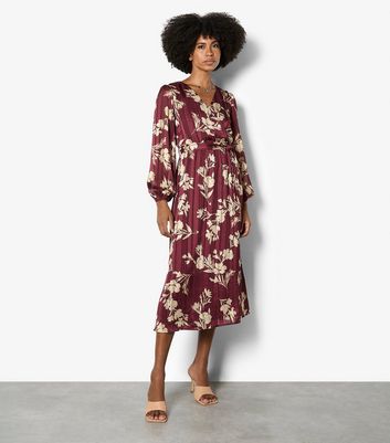 Apricot Burgundy Floral Long Sleeve Midaxi Dress | New Look