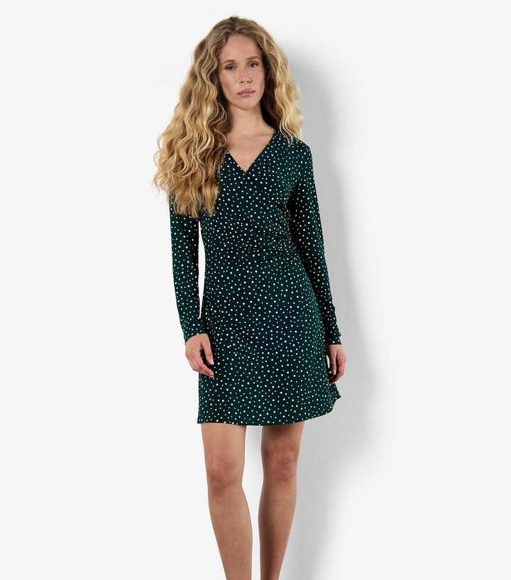 Apricot Green Polka Dot Long Sleeve Mini Dress