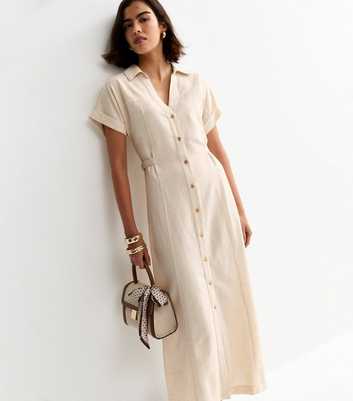 Stone Linen Blend Shirt Midi Dress