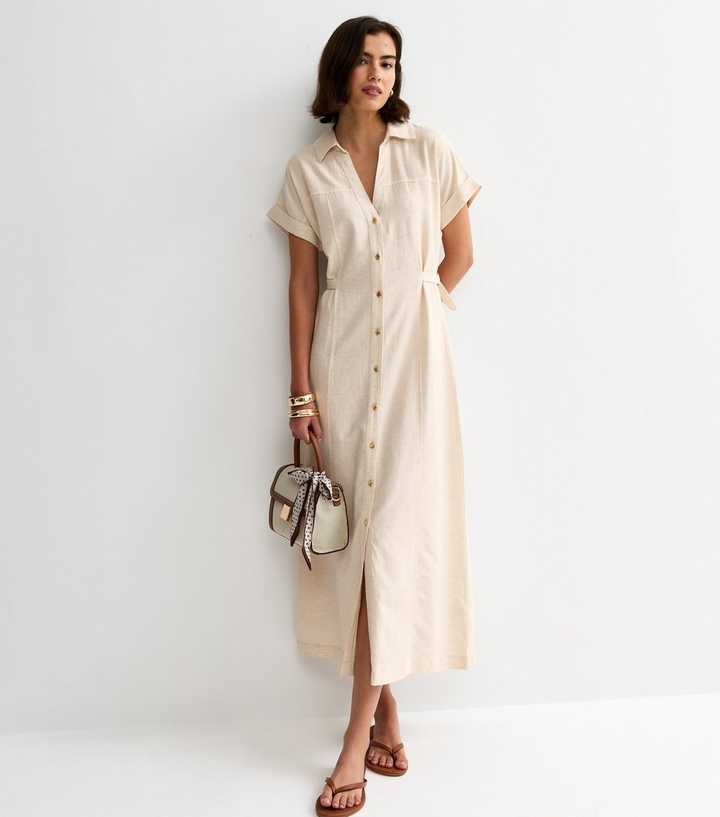 Stone Linen Blend Shirt Midi Dress | New Look