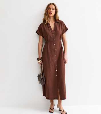 Dark Brown Linen Blend Shirt Midi Dress
