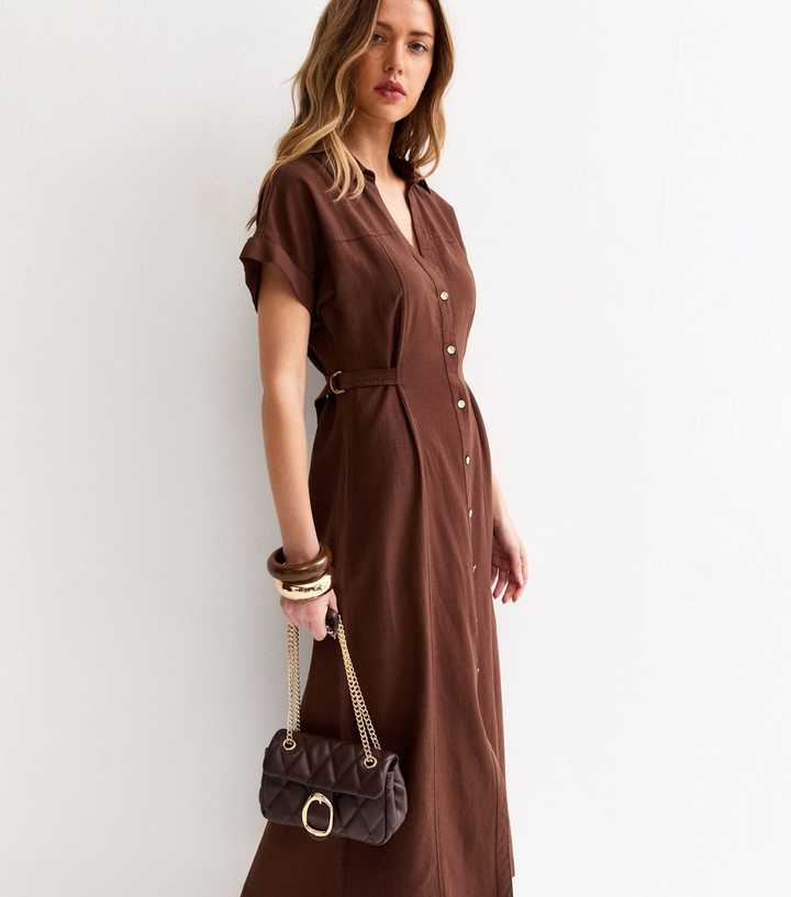 Dark Brown Linen Blend Shirt Midi Dress | New Look