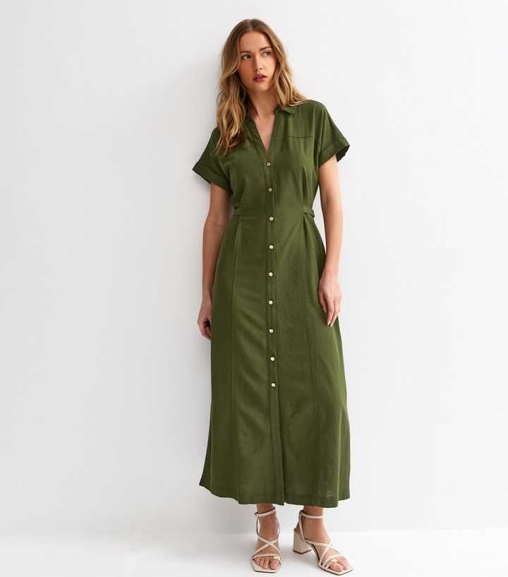Dark Khaki Linen Blend Shirt Midi Dress