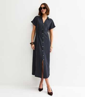 Navy Linen Blend Shirt Midi Dress