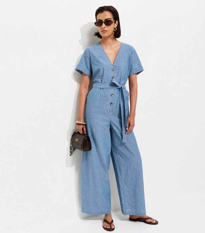 Light Blue Chambray Cotton Utility Jumpsuit