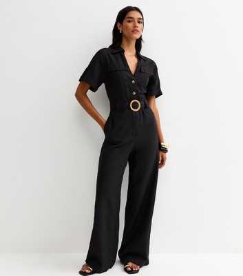 Black Short Sleeve Belted Jumpsuit