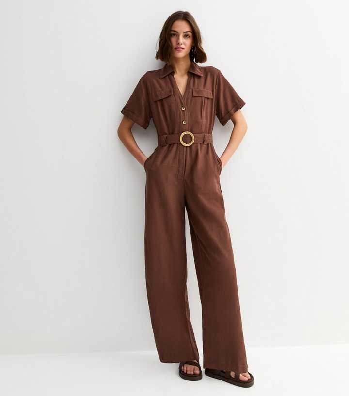 Dark Brown Short Sleeve Belted Jumpsuit