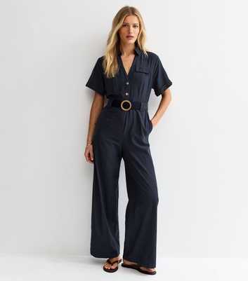 Navy O-Ring Belt Short Sleeve Jumpsuit