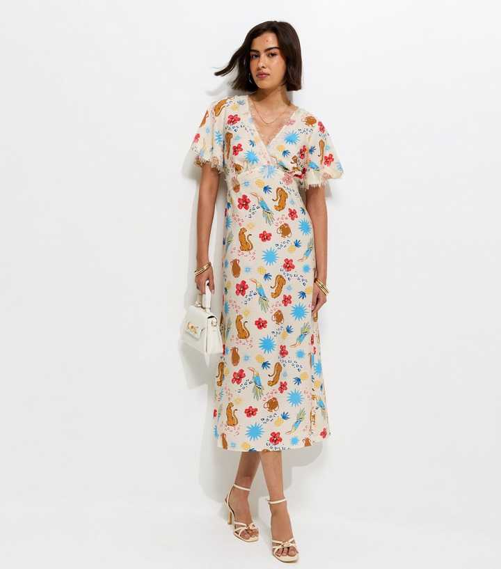 Cream Leopard Pattern Lace Trim Tea Midi Dress