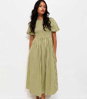 Green Cotton Striped Shirred Midi Dress