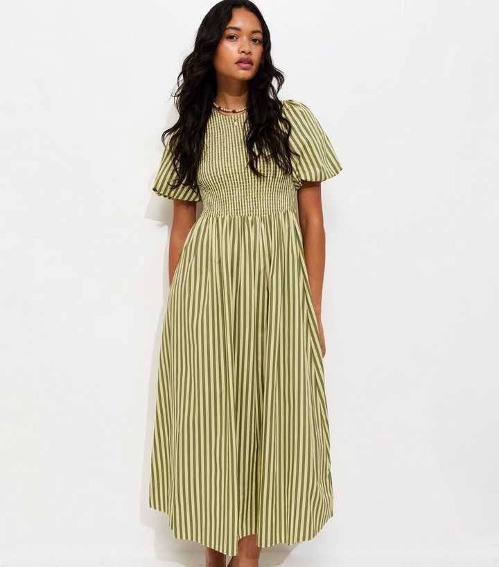 Green Cotton Striped Shirred Midi Dress