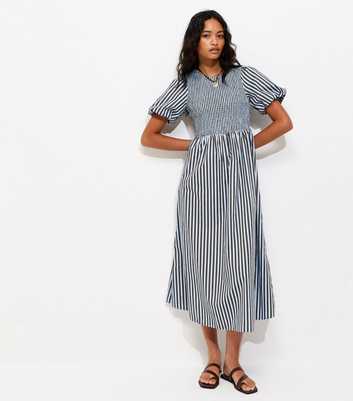 Blue Cotton Striped Shirred Midi Dress