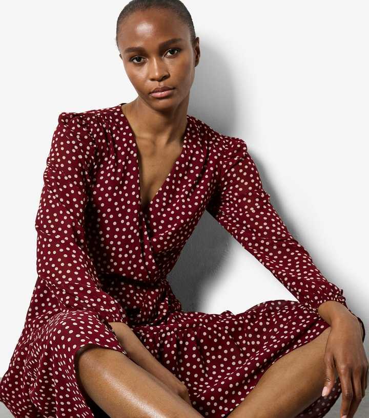 Womens Dresses Polka Dot Red Wrap Dress Apricot Burgundy Polka Dot Ruffle  Midi Dress New Look