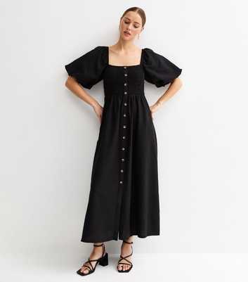 Black Faux Button Milkmaid Midi Dress