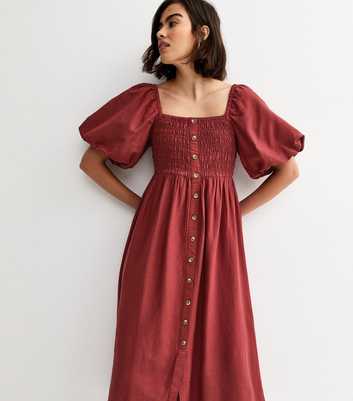Dark Red Faux Button Milkmaid Midi Dress