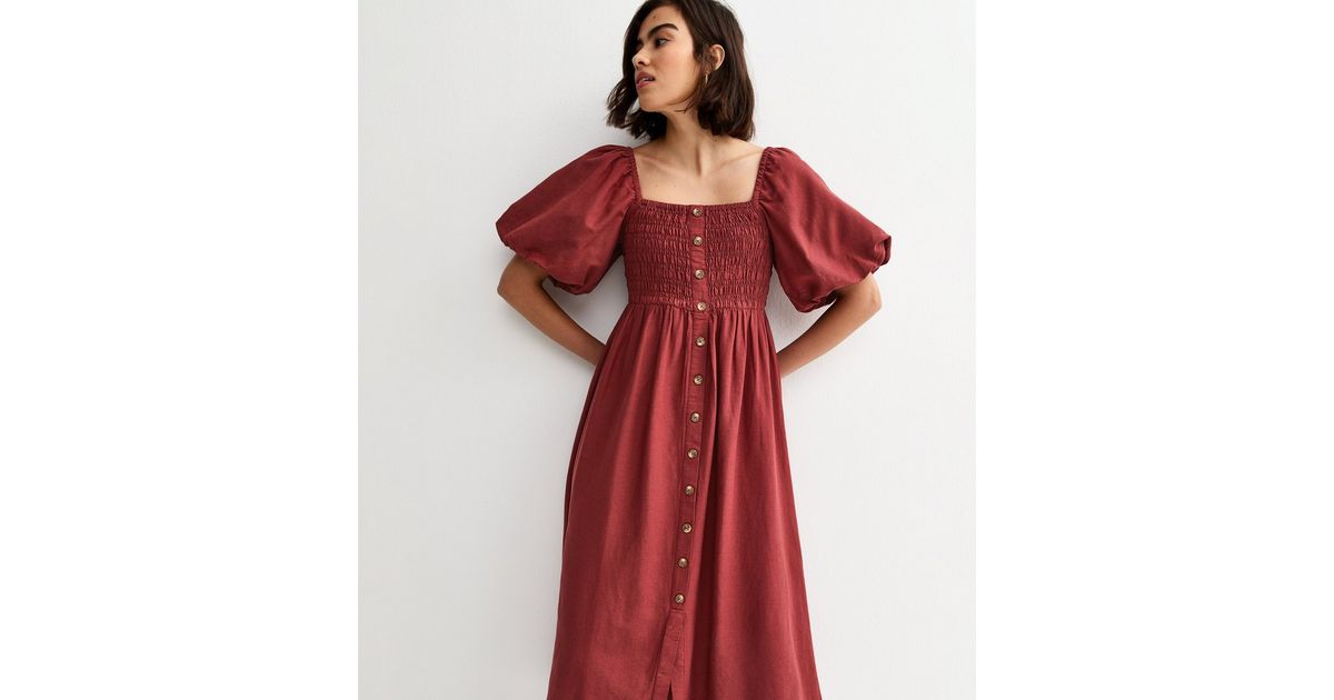 Dark Red Faux Button Milkmaid Midi Dress