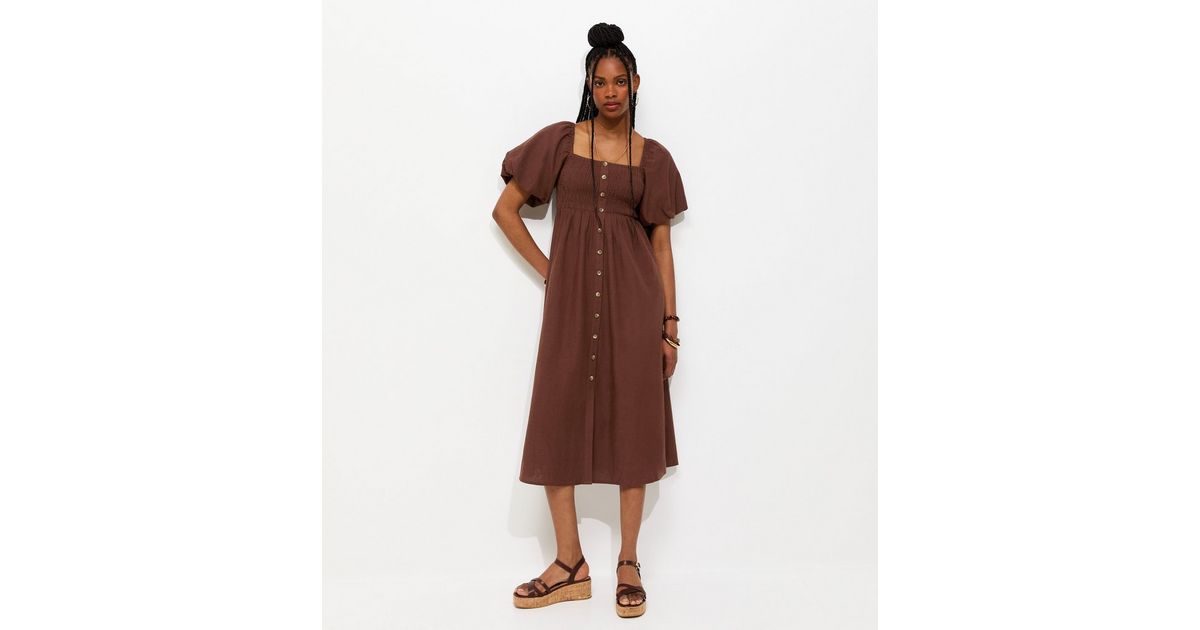 Brown Faux Button Milkmaid Midi Dress