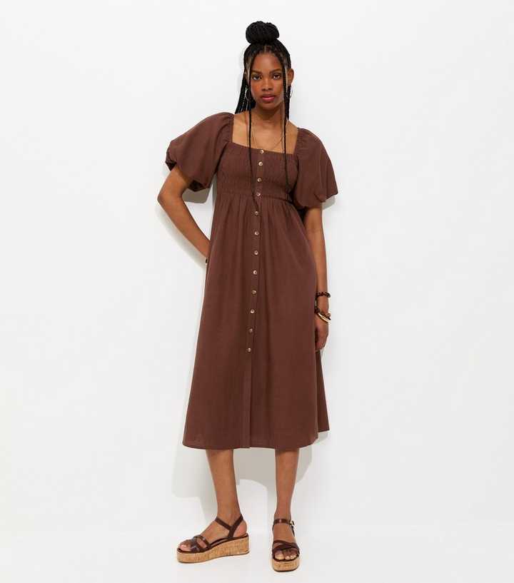 Brown Faux Button Milkmaid Midi Dress