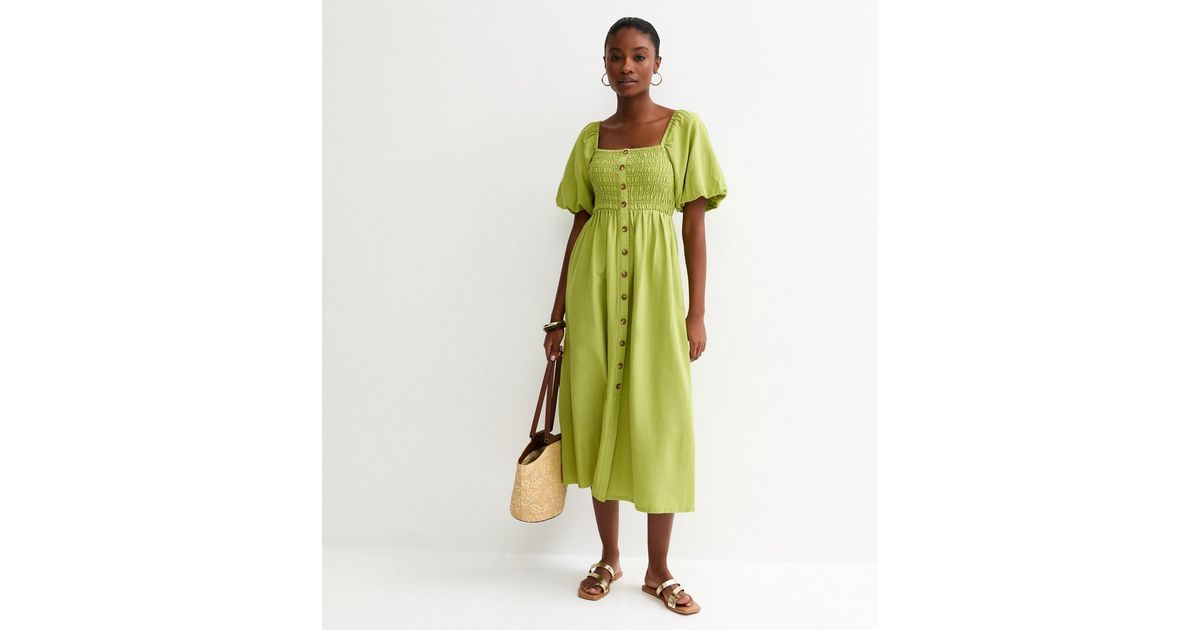 Bright Green Faux Button Milkmaid Midi Dress