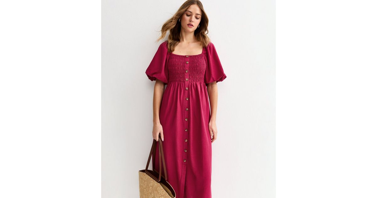 Light Burgundy Faux Button Milkmaid Midi Dress