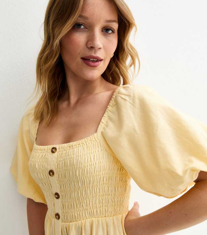 Light Yellow Faux Button Milkmaid Midi Dress | New Look