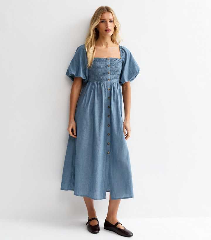 Light Blue Chambray Milkmaid Midi Dress | New Look Light Blue Chambray Milkmaid Midi Dress | New Look
