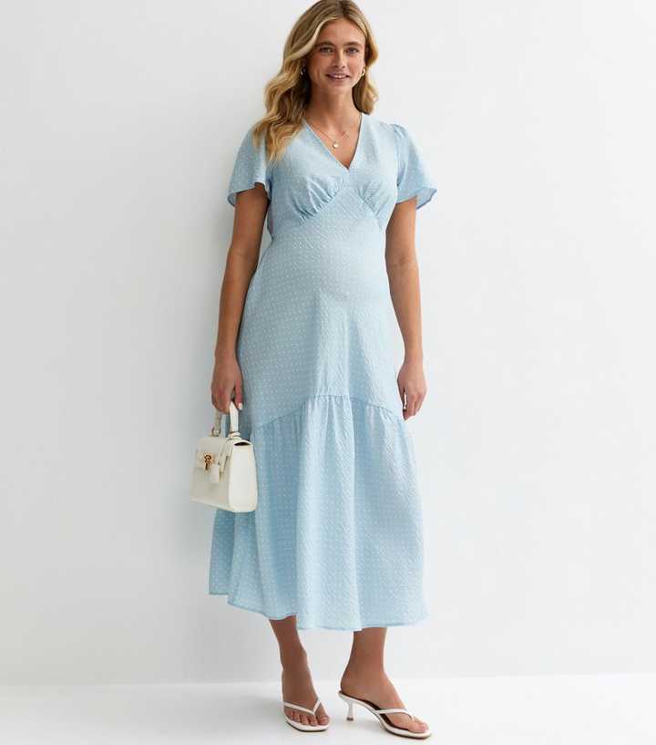 Maternity Light Blue Polka Dot Tiered Tea Midi Dress