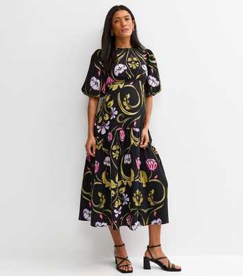 Maternity Black Floral Tiered Midi Dress
