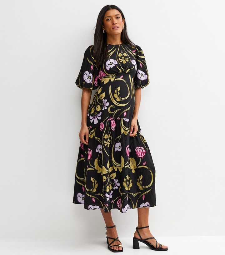 Maternity Black Floral Tiered Midi Dress