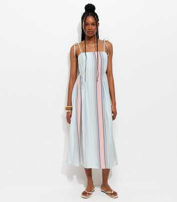 Blue Stripe Print Cami Godet Midi Dress