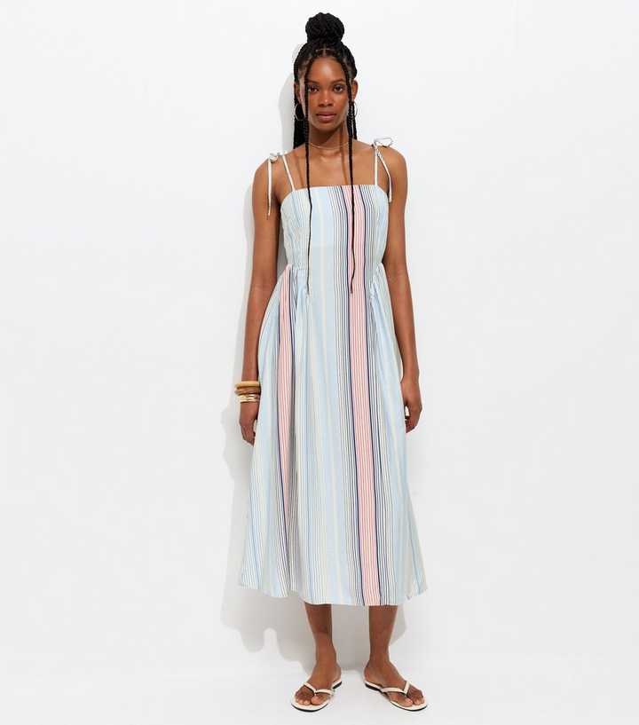 Blue Stripe Print Cami Godet Midi Dress