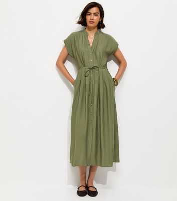 Khaki Toggle Shirt Midi Dress