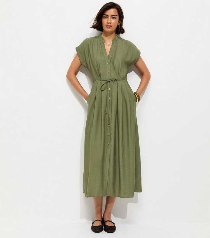 Khaki Toggle Shirt Midi Dress