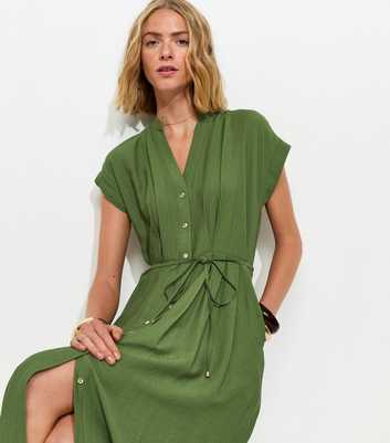 Dark Khaki Toggle Shirt Midi Dress