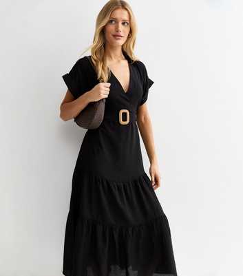 Black Tiered Belted Midi Dress