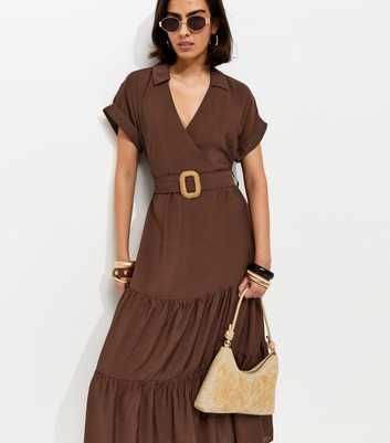 Dark Brown Tiered Belted Midi Dress