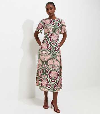 Green Floral Angel Sleeve Midi Dress